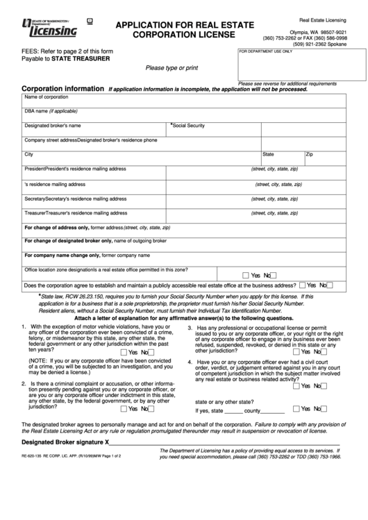Form Re-620-135 - Application For Real Estate Corporation License Printable pdf