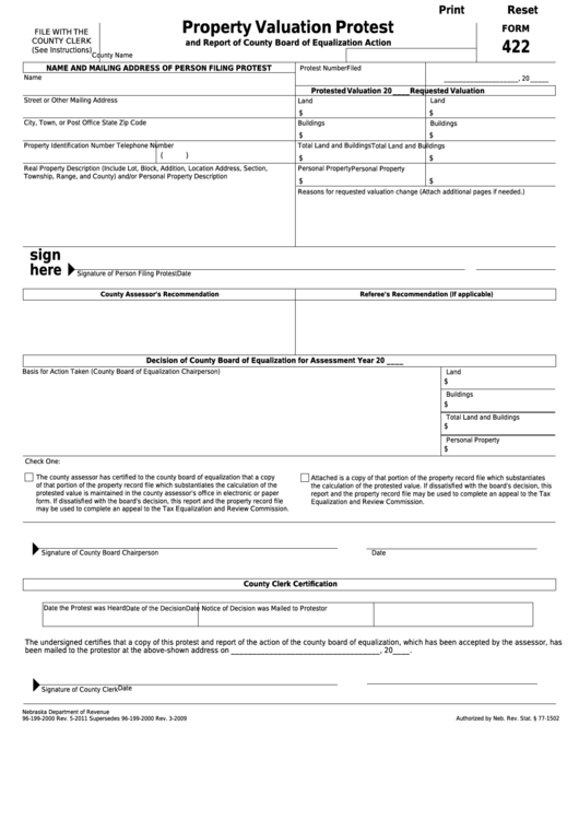 Fillable Form 422 - Property Valuation Protest And Report Of County Board Of Equalization Action Printable pdf