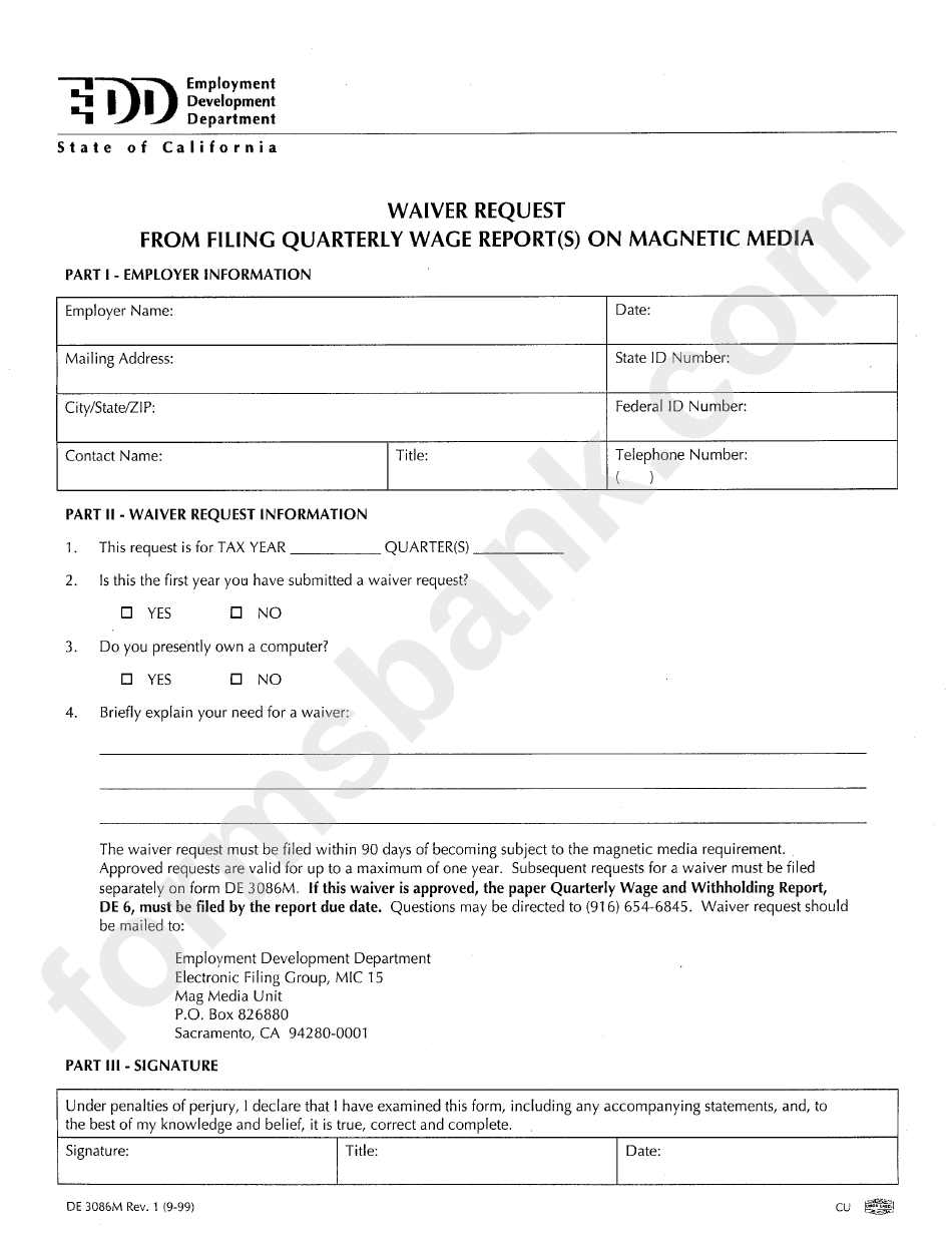 Form De 3086m - Waiver Request From Filing Quarterly Wage Report(S) On Magnetic Media
