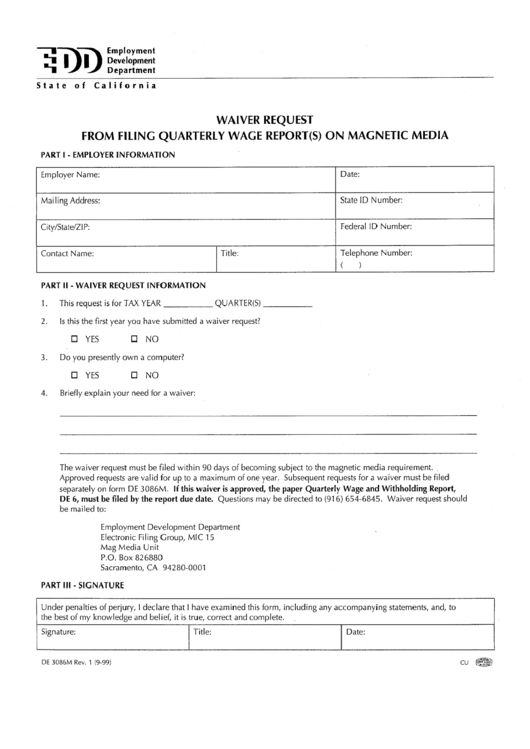 Form De 3086m - Waiver Request From Filing Quarterly Wage Report(S) On Magnetic Media Printable pdf