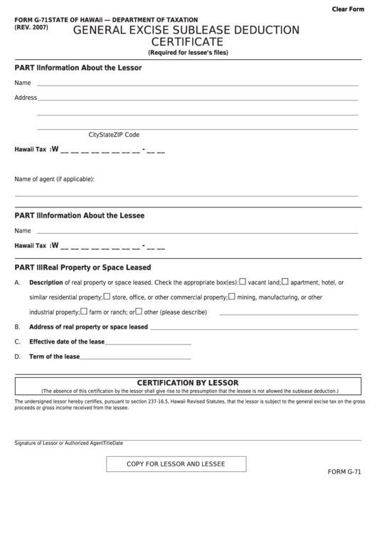 Fillable Form G-71 - General Excise Sublease Deduction Certificate Printable pdf