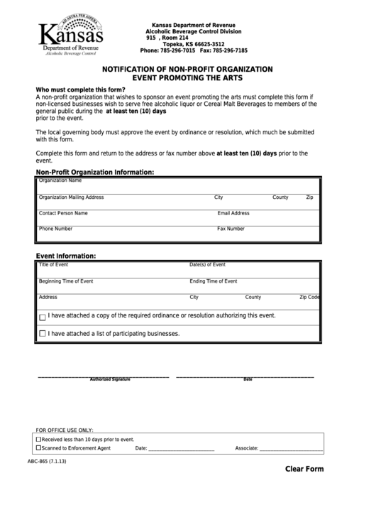 Fillable Form Abc-865 - Notification Of Non-Profit Organization Event Promoting The Arts Printable pdf