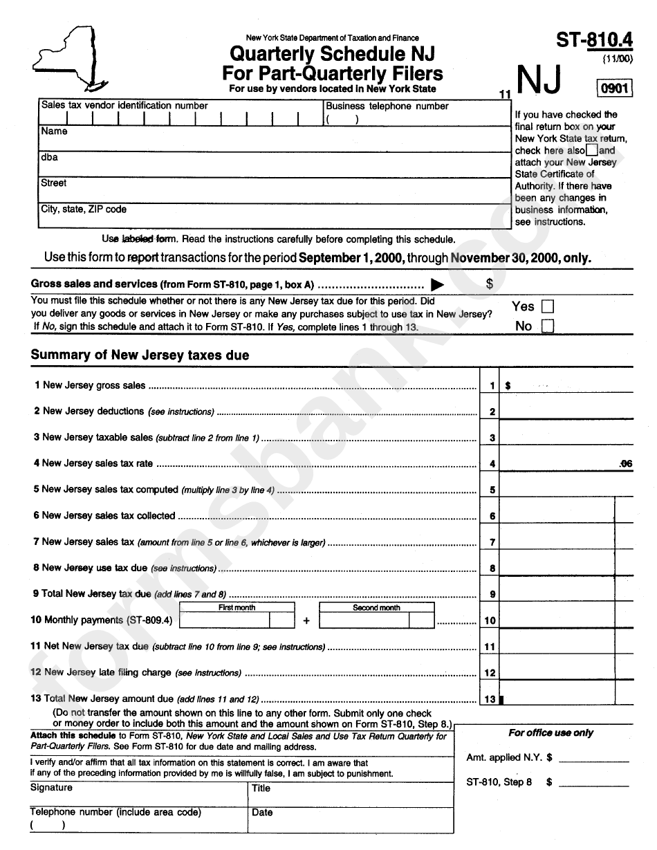Form St-810.4 - Quarterly Schedulr Nj For Part-Quarterly Filers