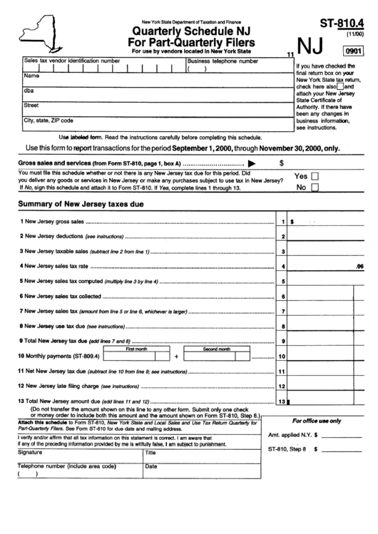 Form St-810.4 - Quarterly Schedulr Nj For Part-Quarterly Filers Printable pdf