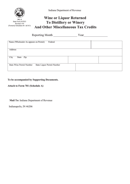 Fillable Form Wl-3 - Wine Or Liquor Returned To Distillery Or Winery And Other Miscellaneous Tax Credits Printable pdf
