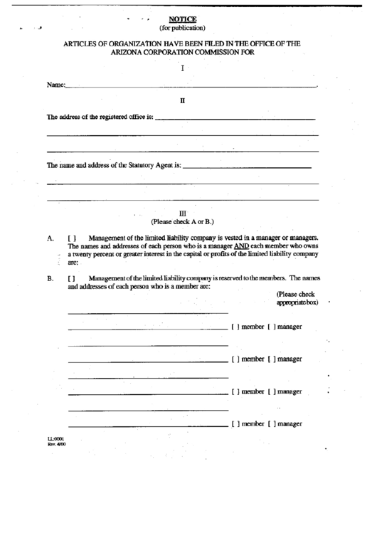Form Ll-001 - Notice - Articles Of Organization Have Been Filed In The Office Of The Arizona Corporation Comission For Printable pdf