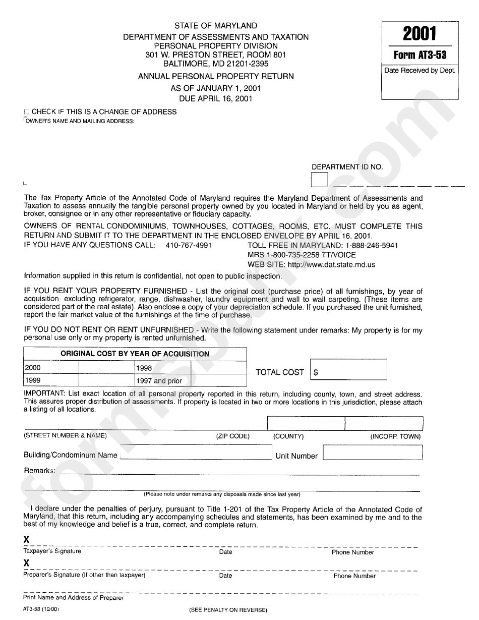Form At3-53 - Annual Personal Property Return - 2001