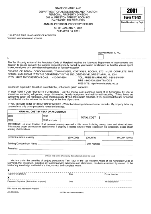 Form At3-53 - Annual Personal Property Return - 2001 Printable pdf