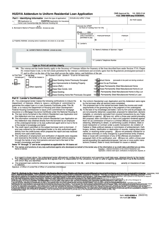 Fillable Form Hud-92900-A - Hud/va Addendum To Uniform Residential Loan Application Printable pdf