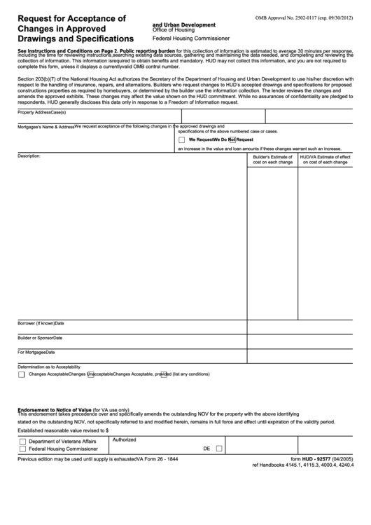 Fillable Form Hud-92577 - Request For Acceptance Of Changes In Approved Drawings And Specifications Printable pdf