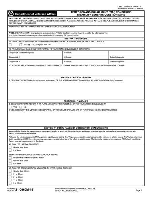Fillable Va Form 21-0960m-15 - Temporomandibular Joint (Tmj) Conditions Disability Benefits Questionnaire Printable pdf