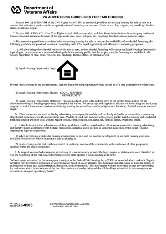 Va Form 26-0585 - Va Advertising Guidelines For Fair Housing Printable pdf