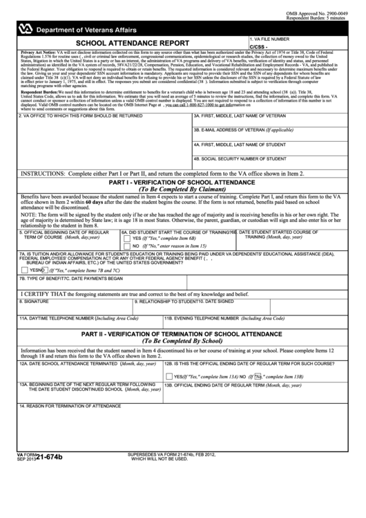 Fillable Va Form 21-674b - School Attendance Report Printable pdf