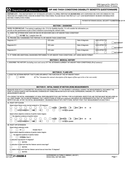 Fillable Va Form 21-0960m-8 - Hip And Thigh Conditions Disability Benefits Questionnaire Printable pdf