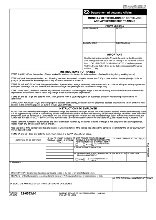 Fillable Va Form 22-6553d-1 - Monthly Certification Of On-The-Job And Apprenticeship Training Printable pdf