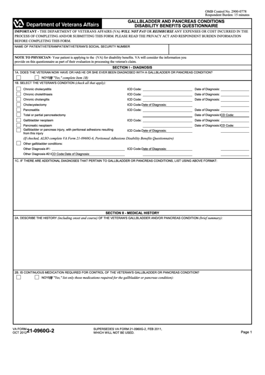 Fillable Va Form 21-0960g-2 - Gallbladder And Pancreas Conditions Disability Benefits Questionnaire Printable pdf