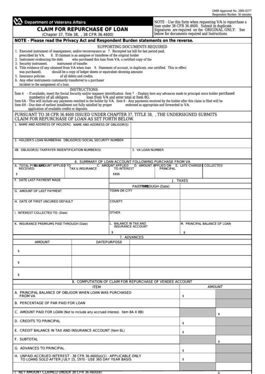 Fillable Va Form 26-8084 - Claim For Repurchase Of Loan Printable pdf