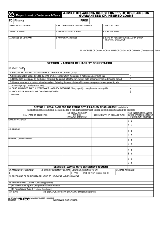 Fillable Va Form 26-1833 - Advice Regarding Indebtedness Of Obligors On Guaranteed Or Insured Loans Printable pdf