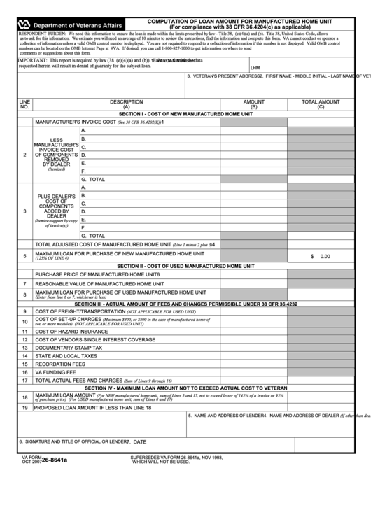 Fillable Va Form 26-8641a - Computation Of Loan Amount For Manufactured Home Unit Printable pdf