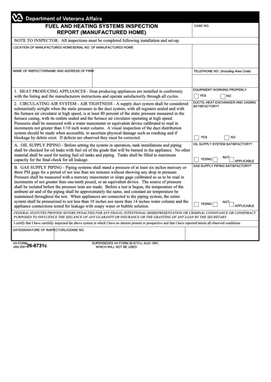 Fillable Va Form 26-8731c - Fuel And Heating Systems Inspection Report (Manufactured Home) Printable pdf