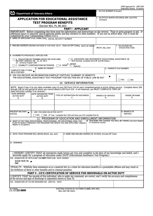 Fillable Va Form 22-8889 - Application For Educational Assistance Test Program Benefits Printable pdf
