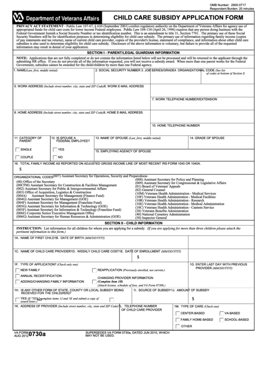 Fillable Va Form 0730a - Child Care Subsidy Application Form Printable pdf