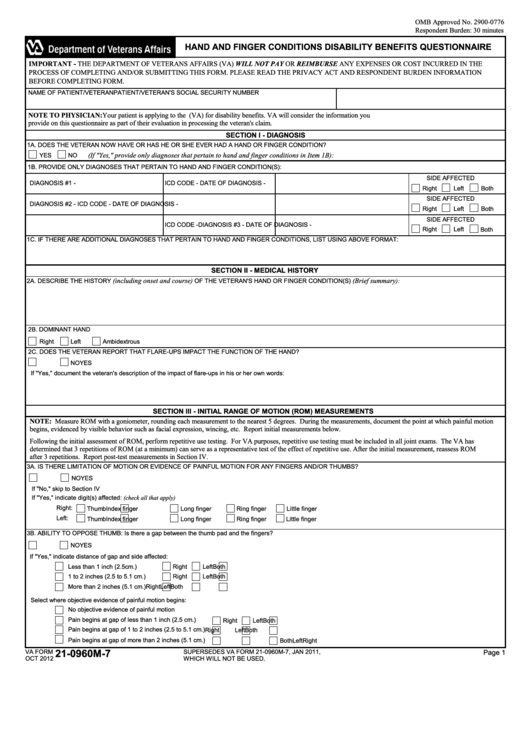 Fillable Va Form 21-0960m-7 - Hand And Finger Conditions Disability Benefits Questionnaire Printable pdf