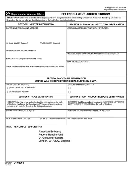 Fillable Va Form 24-0296e - Eft Enrollment - United Kingdom Printable pdf