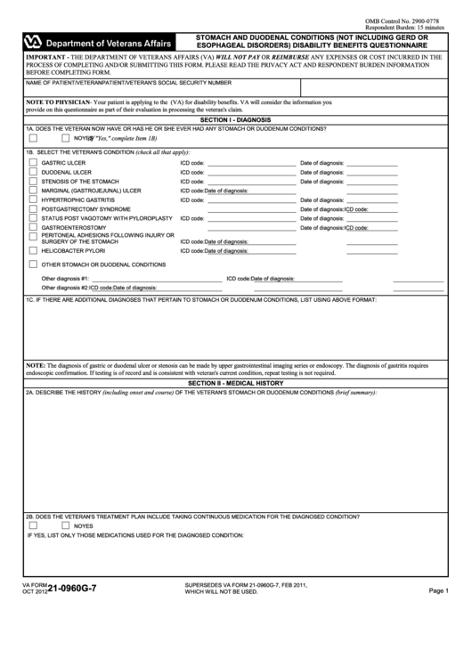 Fillable Va Form 21-0960g-7 - Stomach And Duodenal Conditions (Not Including Gerd Or Esophageal Disorders) Disability Benefits Questionnaire Printable pdf