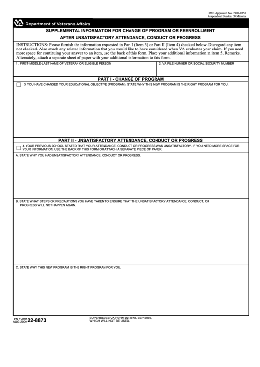 Fillable Va Form 22-8873 - Supplemental Information For Change Of Program Or Reenrollment After Unsatisfactory Attendance, Conduct Or Progress Printable pdf