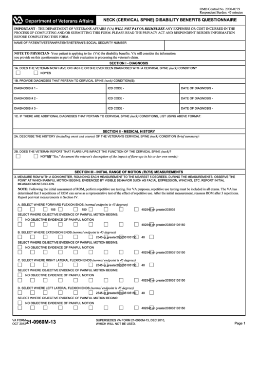 Fillable Va Form 21-0960m-13 - Neck (Cervical Spine) Disability Benefits Questionnaire Printable pdf