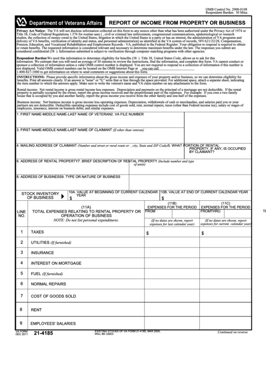 Fillable Va Form 21-4185 - Report Of Income From Property Or Business Printable pdf