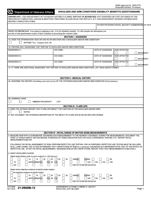 Fillable Va Form 21-0960m-12 - Shoulder And Arm Conditions Disability Benefits Questionnaire Printable pdf