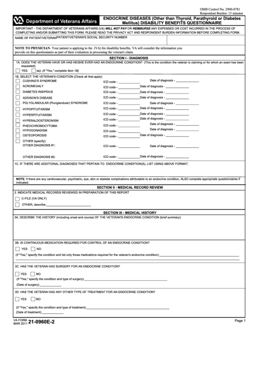 Fillable Va Form 21-0960e-2 - Endocrine Diseases (Other Than Thyroid, Parathyroid Or Diabetes Mellitus) Disability Benefits Questionnaire Printable pdf