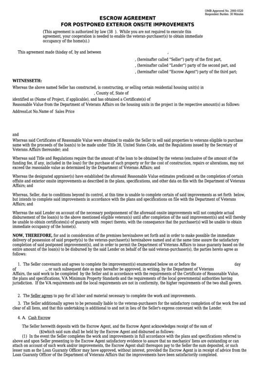 Fillable Va Form 26-1849 - Escrow Agreement For Postponed Exterior Onsite Improvements Printable pdf