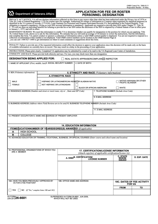 Fillable Va Form 26-6681 - Application For Fee Or Roster Personnel Designation Printable pdf