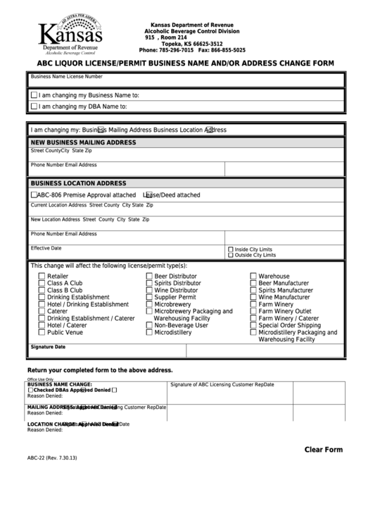 Fillable Form Abc-22 - Abc Liquor License/permit Business Name And/or Address Change Form Printable pdf