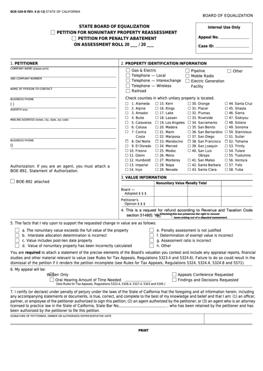 Fillable Form Boe-529-B - Petition For Nonunitary Property Reassessment/petition For Penalty Abatement Printable pdf
