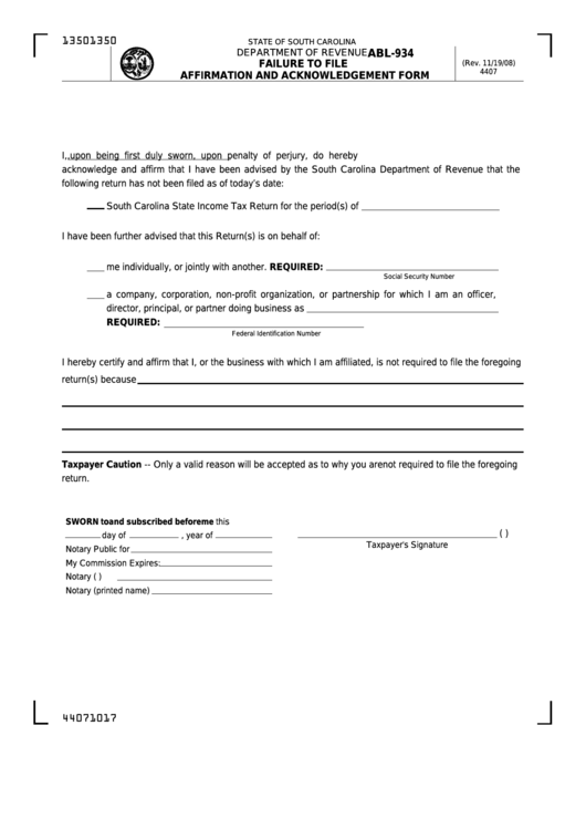 Form Abl-934 - Failure To File Affirmation And Acknowledgement Form Printable pdf