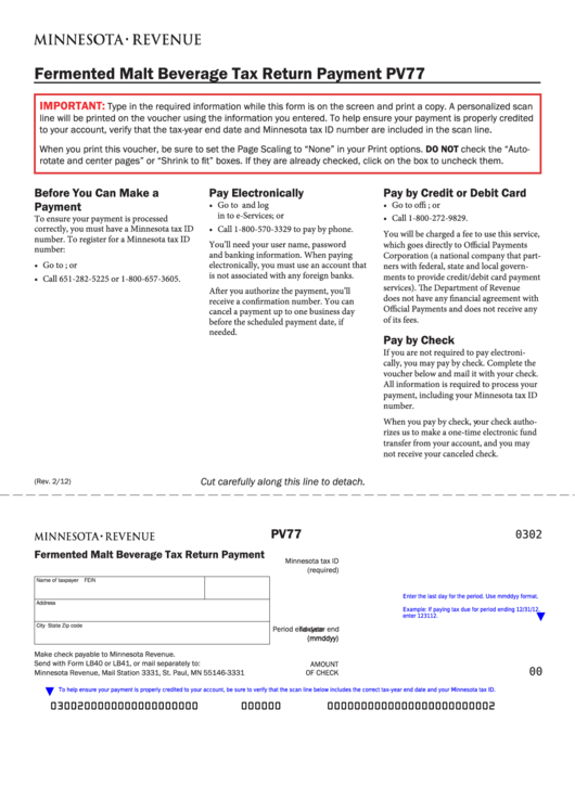 Fillable Form Pv77 - Fermented Malt Beverage Tax Return Payment Printable pdf