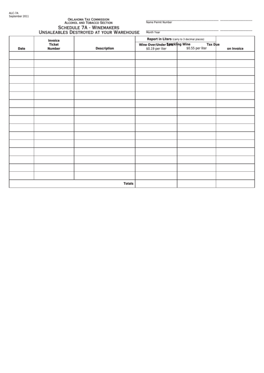 Fillable Form Alc-7a - Schedule 7a - Winemakers Unsaleables Destroyed At Your Warehouse Printable pdf
