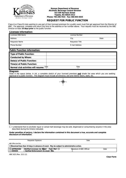 Fillable Form Abc-825 - Request For Public Function Printable pdf
