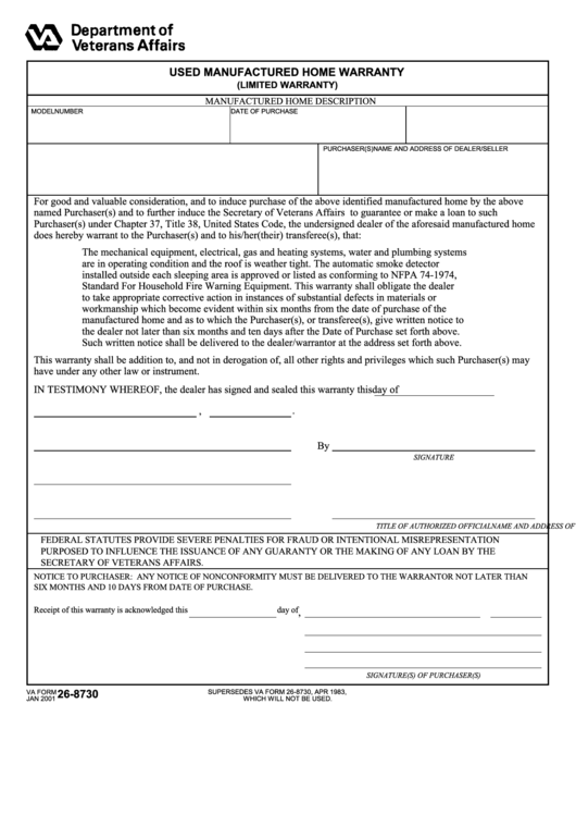 Fillable Va Form 26-8730 - Used Manufactured Home Warranty Printable pdf