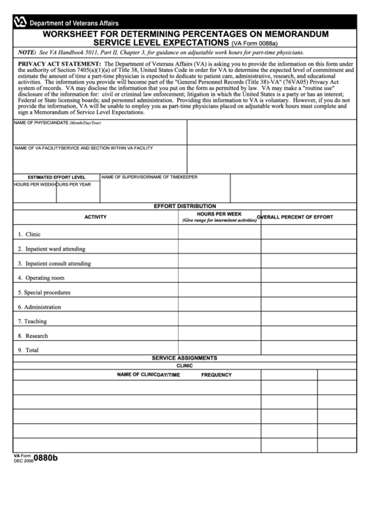 Fillable Va Form 0880b - Worksheet For Determining Percentages On Memorandum Service Level Expectations Printable pdf