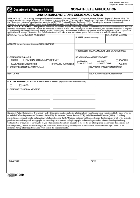 Fillable Va Form 0926h - National Veterans Golden Age Games Non-Athlete Application - 2012 Printable pdf