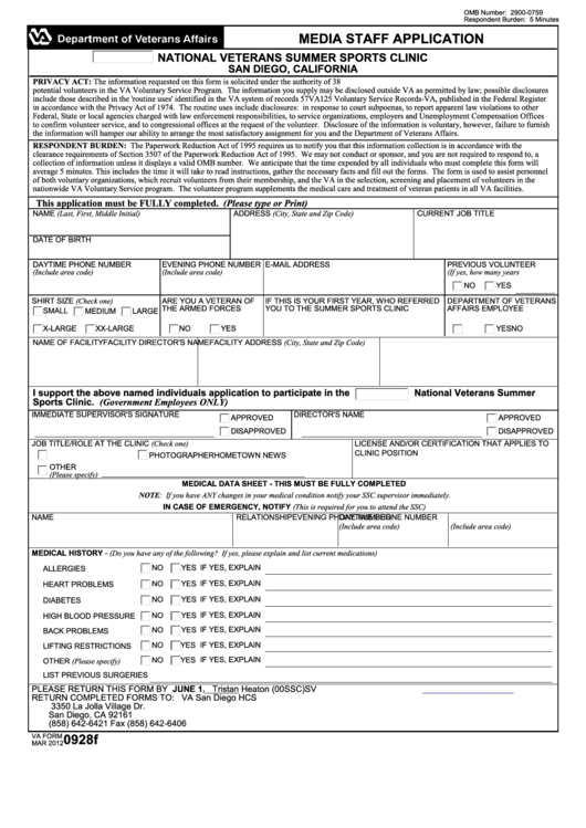 Fillable Va Form 0928f - Media Staff Application Printable pdf