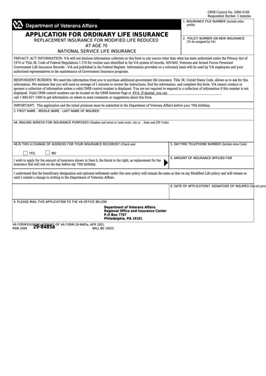 Fillable Va Form 29-8485a - Application For Ordinary Life Insurance Printable pdf