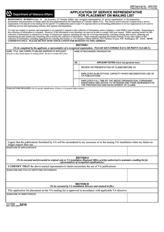 Fillable Va Form 3215 - Application Of Service Representative For Placement On Mailing List Printable pdf