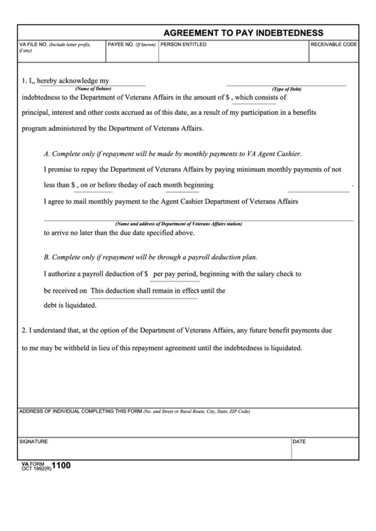 Fillable Va Form 1100 - Agreement To Pay Indebtedness Printable pdf