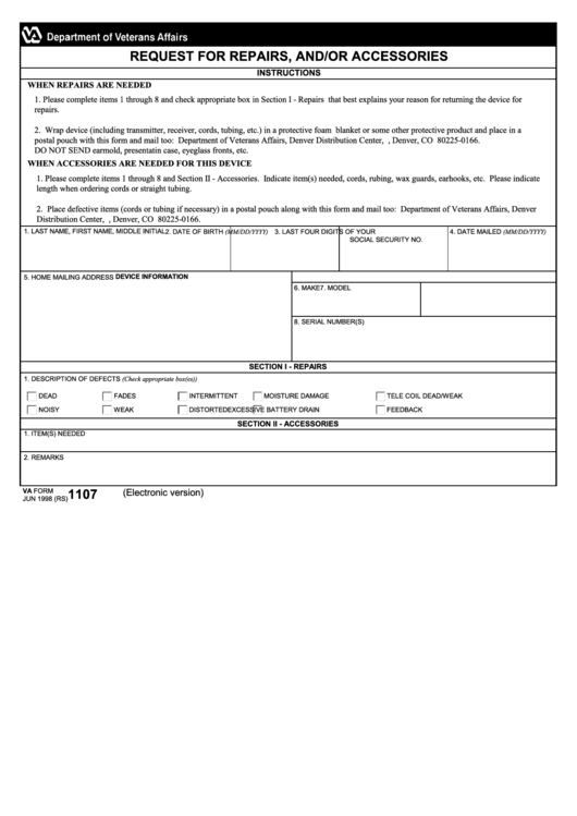Fillable Va Form 1107 - Request For Repairs, And/or Accessories Printable pdf